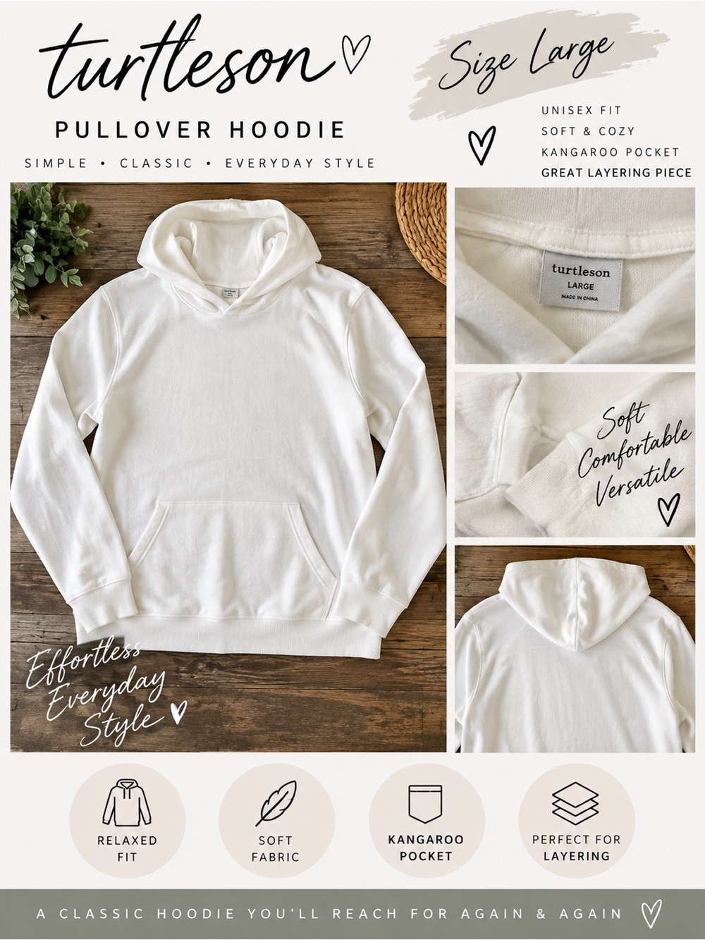 Unisex Classic White Pullover Hoodie with Kangaroo Pocket Large